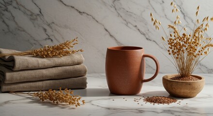 Cozy Natural Still Life with Clay Cup, Textiles, and Dried Flowers