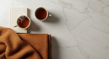 Cozy Tea Moment with Warm Drinks and Soft Blanket on Marble Surface