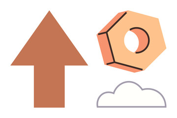 Upward arrow, outlined cloud, geometric nut object representing progress, creativity, abstract solutions, career growth. Ideal for concepts thumbs up innovation, technology, development strategy
