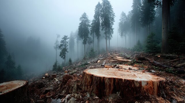 Forest landscape showing cut tree stumps on a foggy day, surrounded by tall evergreen trees, illustrating the impact of deforestation on natural habitats and ecosystems - Powered by Adobe
