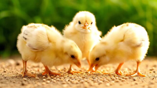 Three adorable fluffy yellow chicks eating birdseed outdoors on a sunny day.