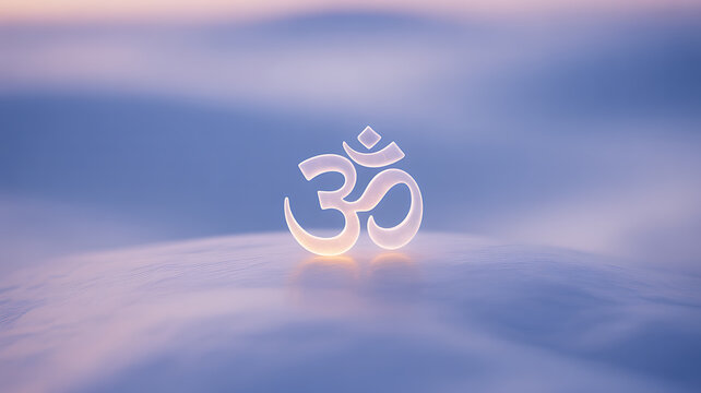 A glowing Om symbol rests on a smooth, reflective surface against a soft, misty background.