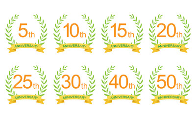 アニバーサリー周年記念ローレルリース 黄リボン付きベクター素材（5周年・10周年・15周年・20周年・25周年・30周年・40
周年・50周年）
