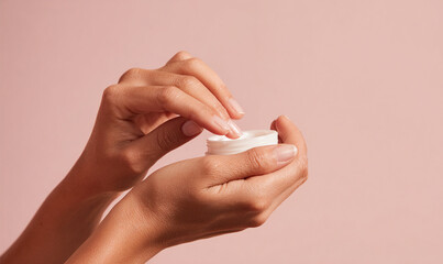Close-up of Hands Applying Cream on Pastel Background