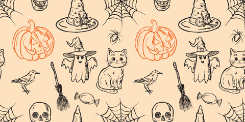 Seamless pattern with Halloween horror creatures ghost, carved pumpkin, car, spider, cobweb, skull in black brush stroke texture on white. Hand drawn vector sketch illustration in vintage charcoal ink