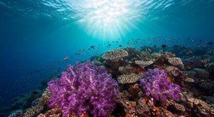 Fototapeta premium Underwater Coral Reef with Fish and Sunlight