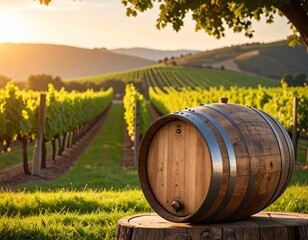 Obraz premium Wooden Wine Barrel in Vineyard at Sunset