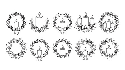 Festive christmas wreaths and candles hand drawn line art collection for holiday decoration design silhouette
