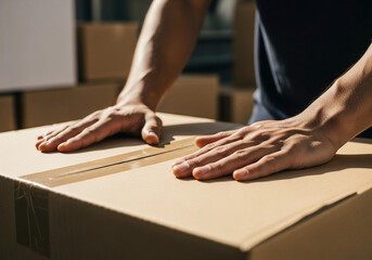 Obraz premium Man carefully places his hands on a cardboard box in a moving or packing situation.
