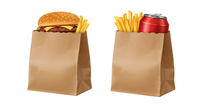 Burger fries and soda in paper bags perfect for graphic design on transparent background
