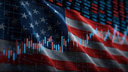 Financial Patriotism: The American flag, draped in a wave, intertwines with dynamic financial data streams, symbolizing the nation's economic strength and market trends. - Powered by Adobe