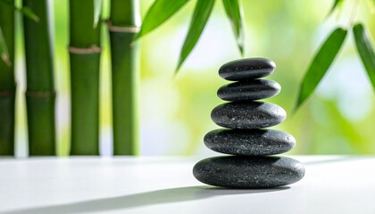 Obraz premium A carefully balanced stack of dark, smooth stones stands serenely against a vibrant backdrop of lush green bamboo, symbolizing harmony, growth, and natural tranquility