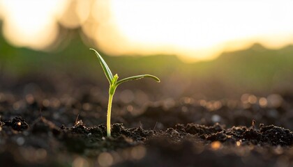 Fototapeta premium A single green sprout pushes through dark soil, illuminated by soft golden light, symbolizing new life, growth, and hope for a sustainable future in nature