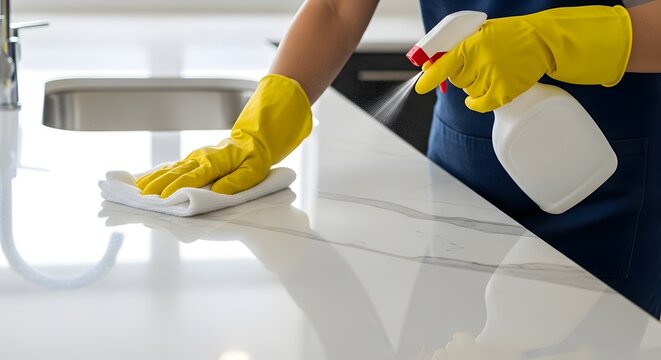 Close-up of a person in yellow protective gloves using a spray bottle and cloth to clean and disinfect a white marble kitchen countertop
