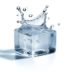 Cube of Crystal: A crystal-clear cube, a symbol of purity, holds water, which then dances in an artful splash of water droplet. evoking tranquility and serenity.