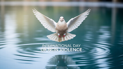White dove in flight over water with text 'International Day of Non-Violence'