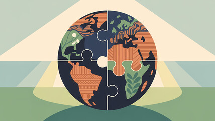 Flat art illustration of a stylized puzzle globe with diverse cultural patterns symbolizing global harmony and interconnectedness