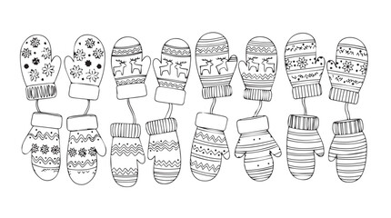 Collection of hand-drawn winter mittens with diverse patterns and textures for festive design silhouette