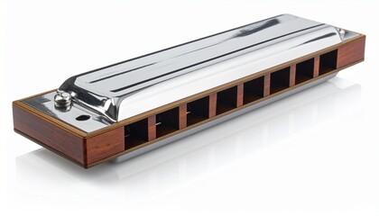Classic harmonica with shiny chrome finish and rich wood accents ready to play the blues, folk music, or soulful melodies on a bright white background