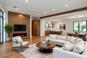 Fototapeta premium contemporary home with wood statement panels, open floor plan, modern furniture, accent lighting, neutral decorative elements, and comfortable design for a welcoming interior.