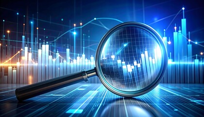 Magnifying Glass Over Digital Business Data Charts: Financial Analysis, Market Research, and Technology Insights
