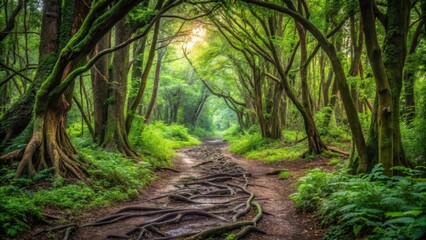 Muddy trail leading into a dense forest with overgrown vegetation and twisted tree trunks