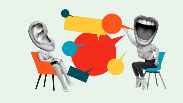 Creative digital artwork of giant ear and mouth head figures in colorful dialogue with speech bubbles. Concept of communication, PR, media, and active listening with emotional contrast.