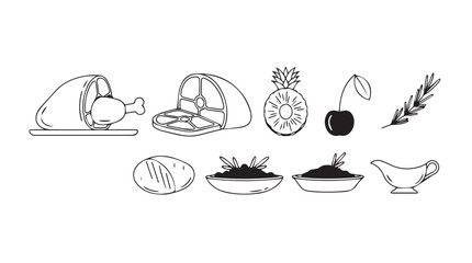 Collection of hand-drawn food icons featuring roast chicken berries and gravy boat set silhouette