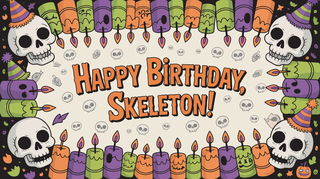 Humorous Halloween Birthday Card Design with Skeletons, Candles, and 'Happy Birthday, Skeleton!'