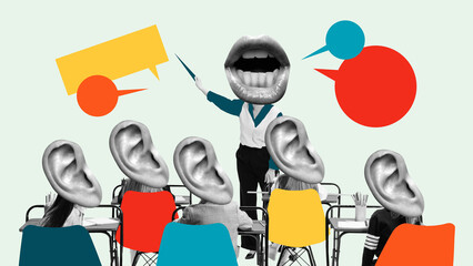 Contemporary composition. Teacher with giant mouth head addressing students with ear heads in...
