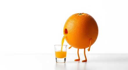 Funny Orange Character Pouring Fresh Juice into a Shot Glass - Healthy Drink Concept.