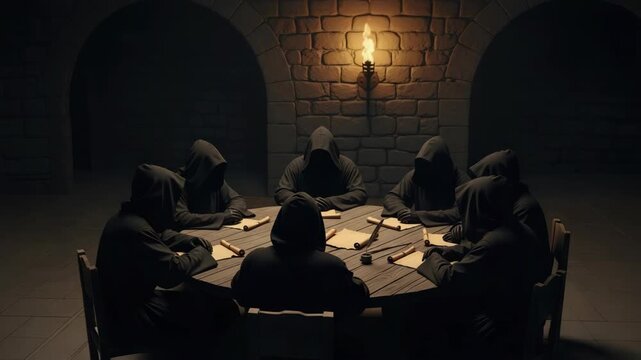 Mysterious hooded figures gather for secret meeting, sitting around round table in dimly lit stone chamber. Secret meeting includes hooded figures cloaked in shadows,