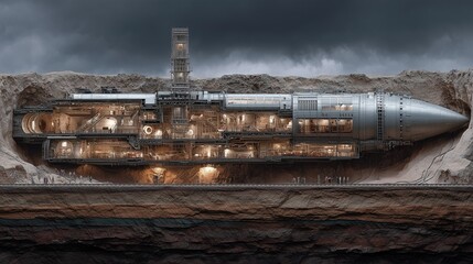 Underground tunnel boring machine visualized as a gigantic metallic rocket through rock layers, fantasy engineering mashup
