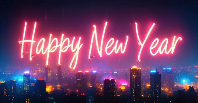 Bright neon text spells Happy New Year over vibrant city skyline. Lights illuminate buildings, creating festive mood.
