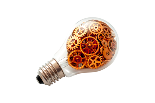 Light bulb filled with gears isolated on transparent background represents idea - Powered by Adobe