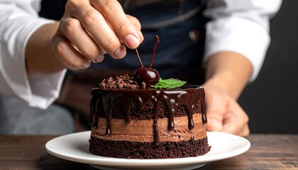 Chef decorating chocolate cake