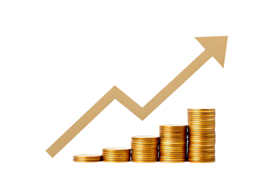 Gold coins stacked in increasing order with arrow isolated on transparent background