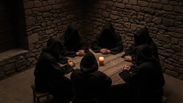 Dark cult meeting in a stone chamber, figures shrouded in black robes gather around a candlelit table. Dark cult meeting with mysterious hooded figures in session.