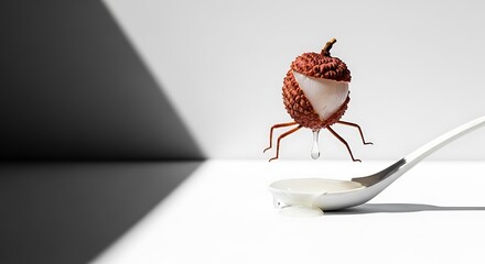Surreal Lychee Fruit Photography: A whimsical image of a lychee hovering above a spoon of creamy liquid, perfect for food blogs, magazines, or creative projects.