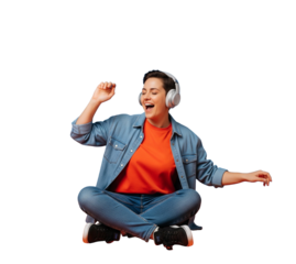 Happy woman listening to music on headphones