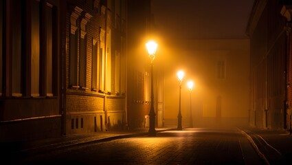 Streetlights illuminate a foggy cobblestone street at night