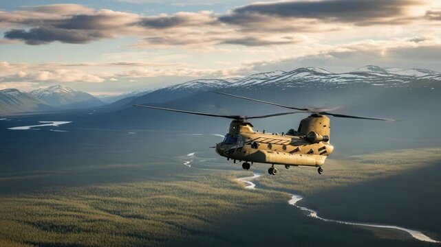 Chinook helicopter flies over Alaskan wilderness offering stunning view. Chinook helicopter amidst gorgeous nature landscapes with green forest and distant mountains on horizon.