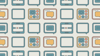 Seamless pattern of stylized tablets and speech bubbles in pastel colors on a light background