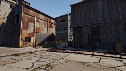 Abandoned industrial buildings with rusty corrugated metal