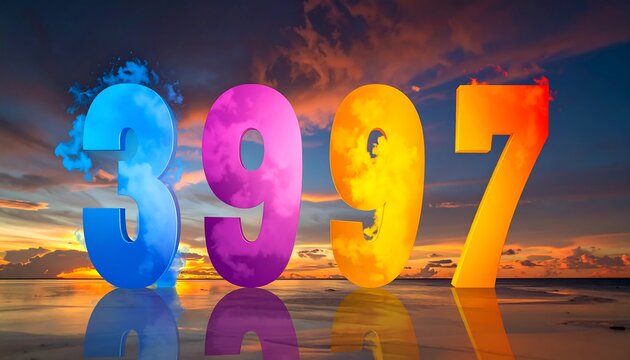 A vivid sunset casts colorful hues onto water, illuminating the numbers 3997, each with a unique gradient effect. The numbers have cloud and smoke effects