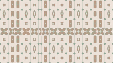 Beige and gray patterned tile design with floral shapes footprints and rectangles in a repeating pattern