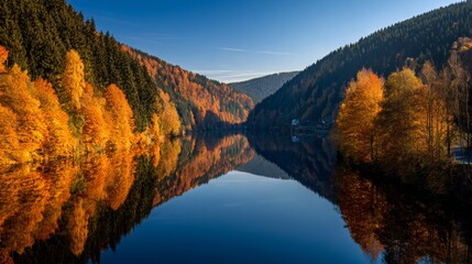 Picturesque autumn mountains and lake landscape with vibrant orange trees, calm water surface reflecting colorful foliage, azure sky, and tranquil nature scene perfect for outdoor travel and adventure