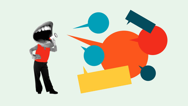 Contemporary artwork. Mouth head with megaphone shouting among speech bubbles. Concept of communication, PR campaigns, social activism, media influence, and digital marketing.