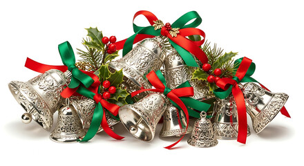 Festive silver bells adorned with holly and bright ribbons, evoking holiday cheer