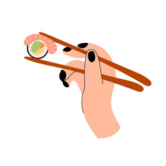 Hand holding sushi with chopsticks. Traditional Japanese food isolated on white background, Asian cuisine, seafood delicacy and gourmet meal concept.  